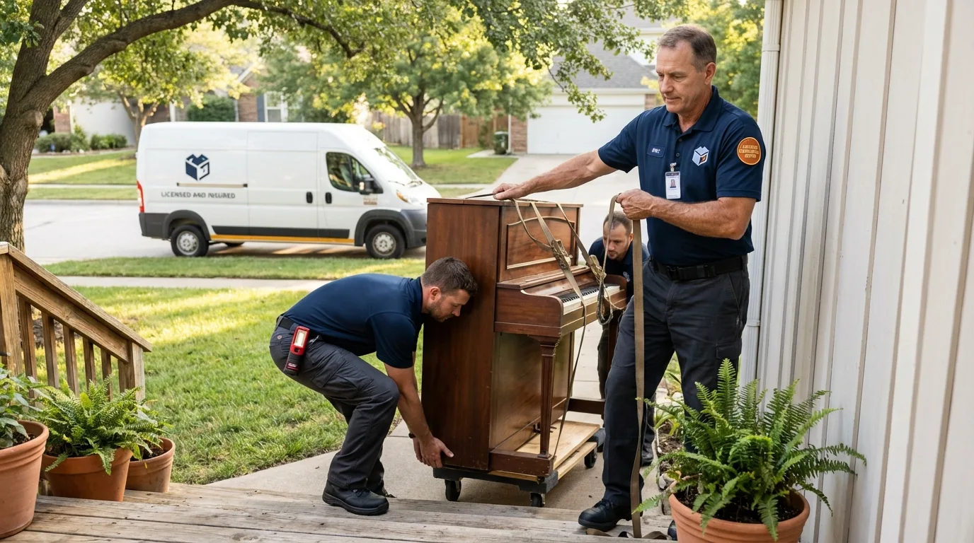 Licensed piano movers securing grand piano in Marion, OH