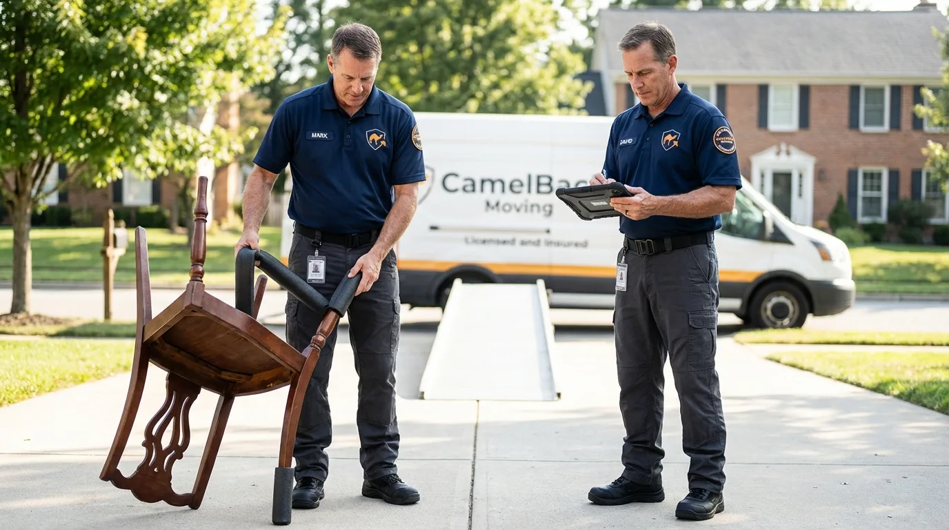 Movers inspecting furniture for damage prevention before loading in Marion, OH